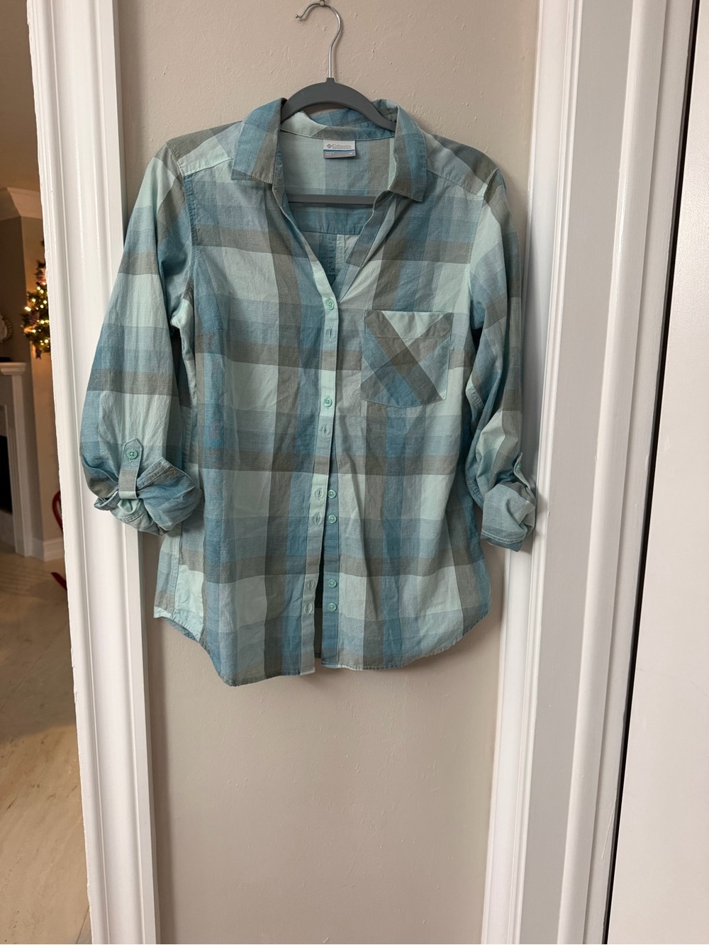 Ladies Light Blue Plaid Button-Up Shirt